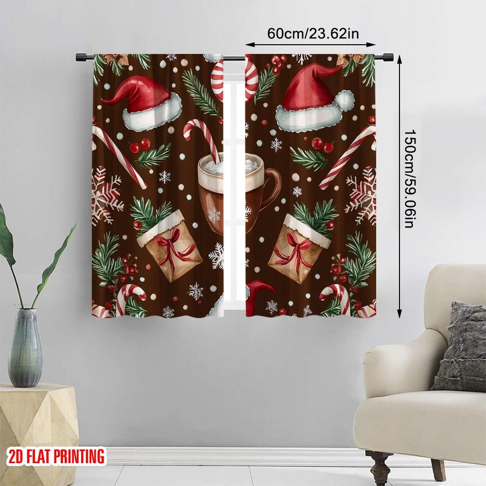 2pcs,2D plane printing Light Filtering Curtains Christmas Coffee Snowflakes Holiday (2) Versatile Fabric (without rod) Gifts Use
