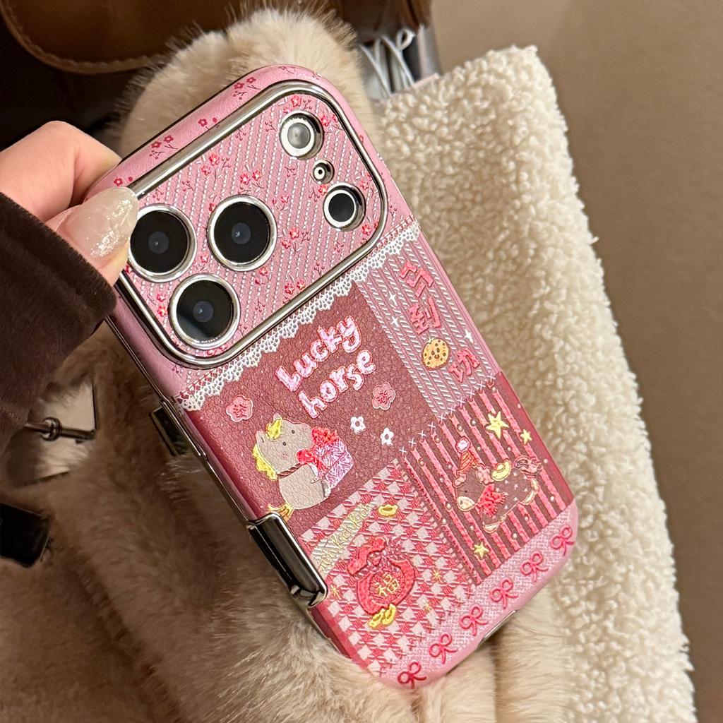 Korean Cartoon Horse Splicing Leather Texture Phone Case For iPhone 17 16 15 14 13 12 11 Pro Max With Bracelet Shockproof Cover