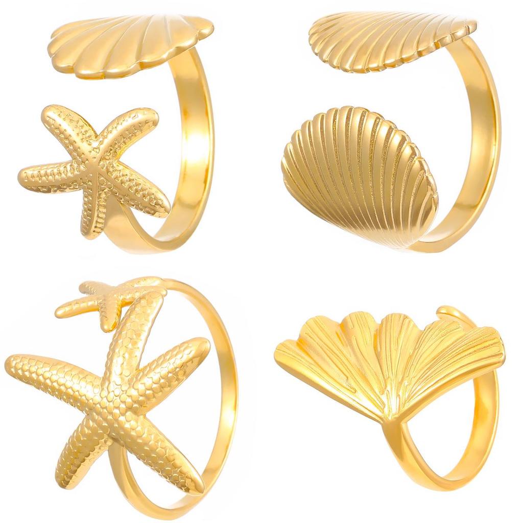 Stainless Steel Starfish & Seashell Open Ring - Ocean Holiday Style Jewelry for Women