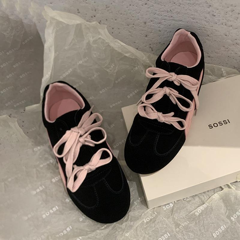 Cowhide version~ niche new Korean version of round head bow decoration comfortable one-pedal sports shoes women's platform single shoes