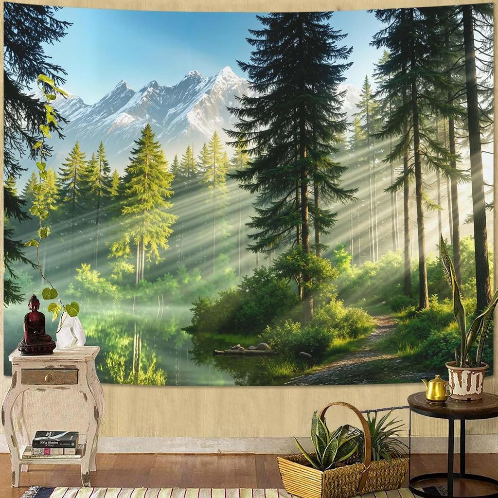 Misty Forest Tapestry, Serene Pine Trees With Sunbeams And Snowy Mountain Wall Art For Nature Lovers And Calm Room Decor