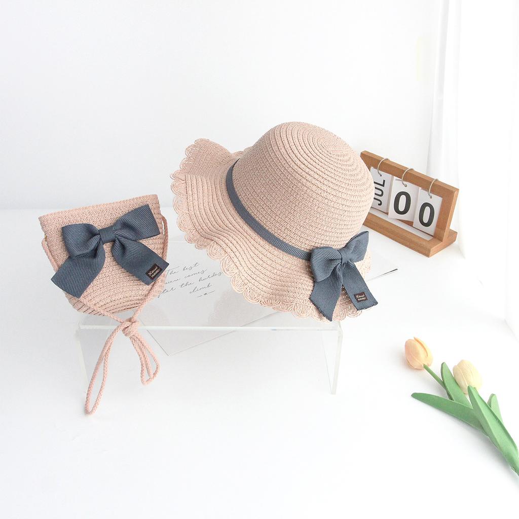 2026 New Summer Braided Children's Sunshade Straw Hat Lace Bow Braided Sun Hat Bag 2 Sets