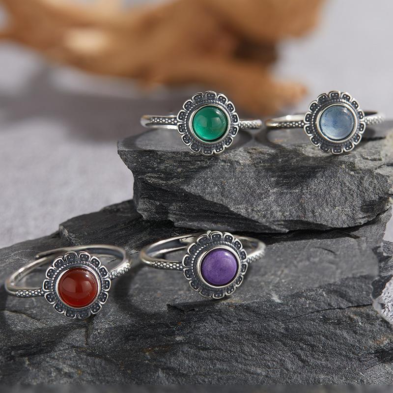 S925 Sterling Silver Natural Red And Green Agate Purple Dragon Crystal Sea Blue Treasure Color Treasure Thai Silver Ring Ethnic Style Pattern