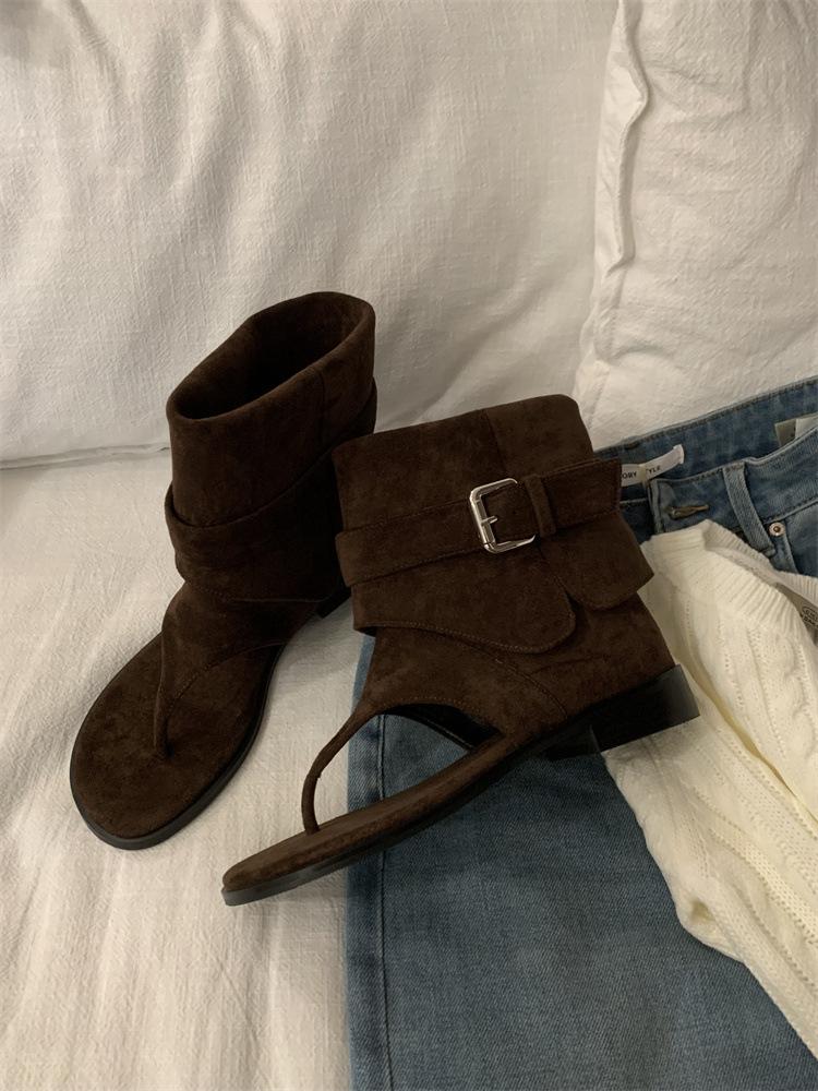 Blogger! Niche personality toe breathable cool boots women's casual flip-flops flat-bottomed short boots