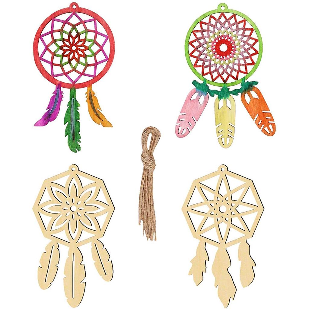 8Pcs/Set Wooden Dream Catcher Crafts Feather Shape Hanging Ornament For Home Birthday Party Decorations Kids DIY Painting Gifts