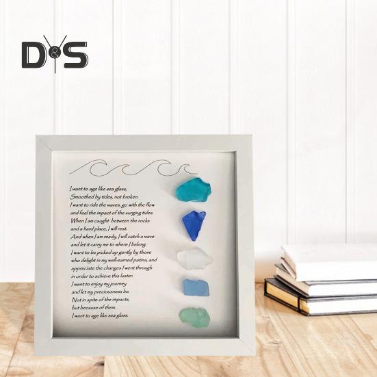Sea Glass Picture Frame Wooden Photo Frame with Colorful Sea Glass Frame Sea Glass Poem Framed Artwork Ornament for Home Decor