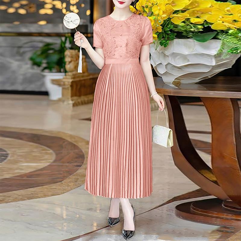 ZANZEA Women Casual Round Neck Short Sleeve Lace Crochet Patchwork Dress