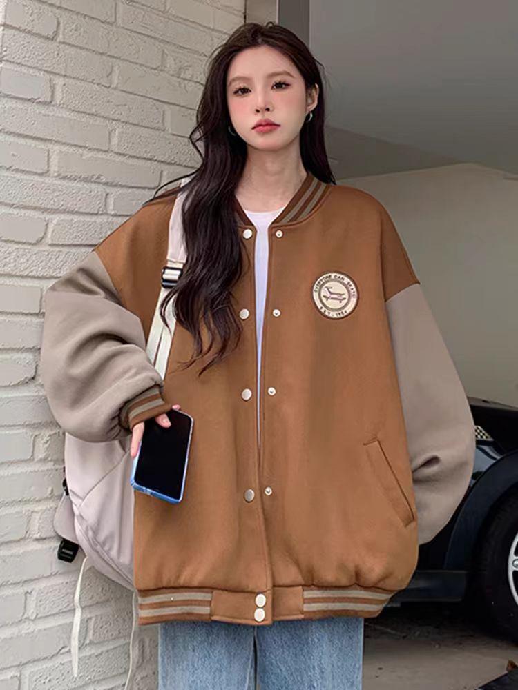 Women's Retro Baseball Jacket - 2024 Autumn/Winter, Loose Fit, Plus Size, Thickened, Casual Versatile Style