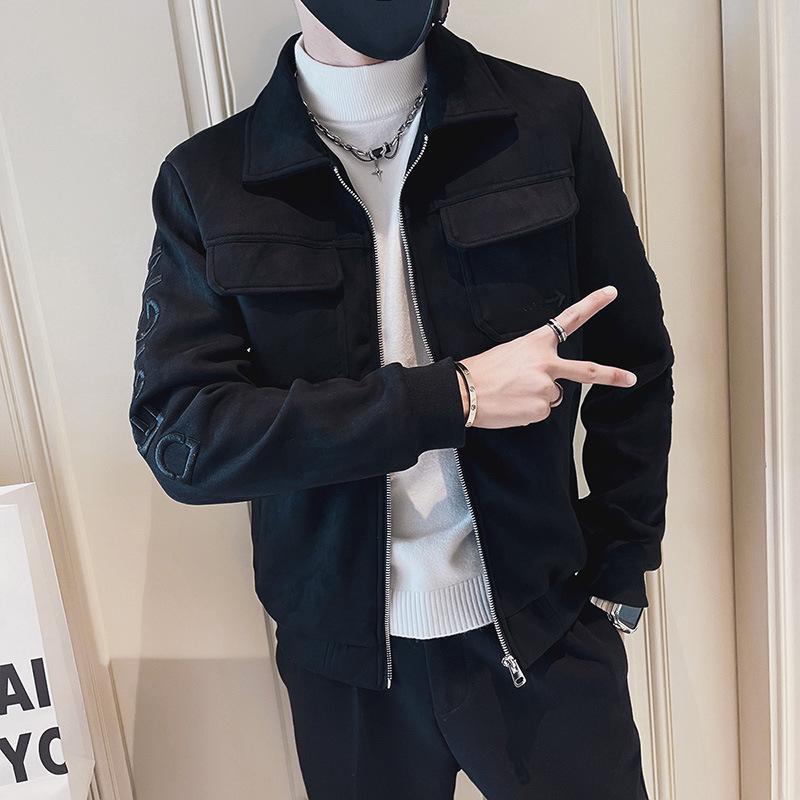 

Мужская модная куртка из оленьей кожи с вышивкой 2023 года — повседневная, молодежная, короткая модель на осень/зиму 2XL чёрный