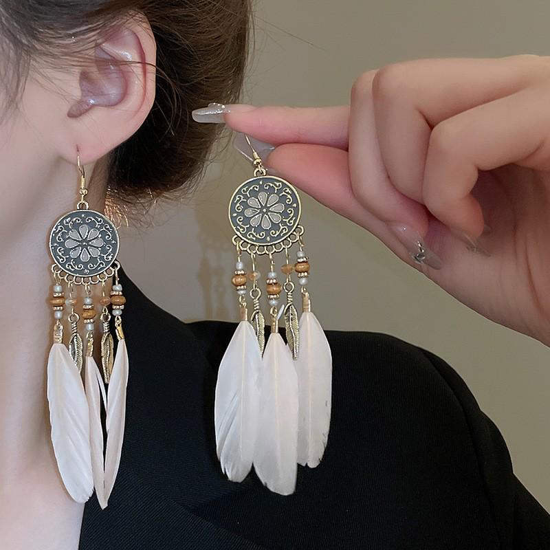 Bohemian Feather Seed Bead Tassel Earrings - Retro Ethnic Dangle Jewelry