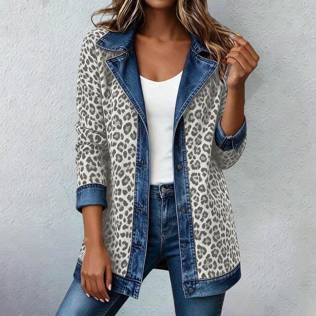 Women's Casual Real Denim Jacket with Leopard Print Patchwork Design for Daily Wear