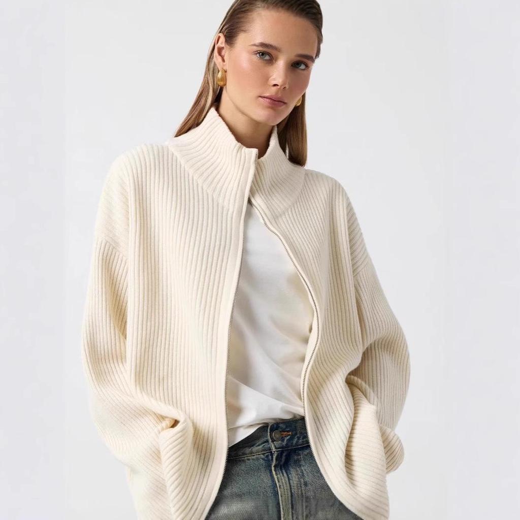 European-Styled Wool Zip Cardigan: Autumn/Winter Half-High Collar Sweater Knitwear