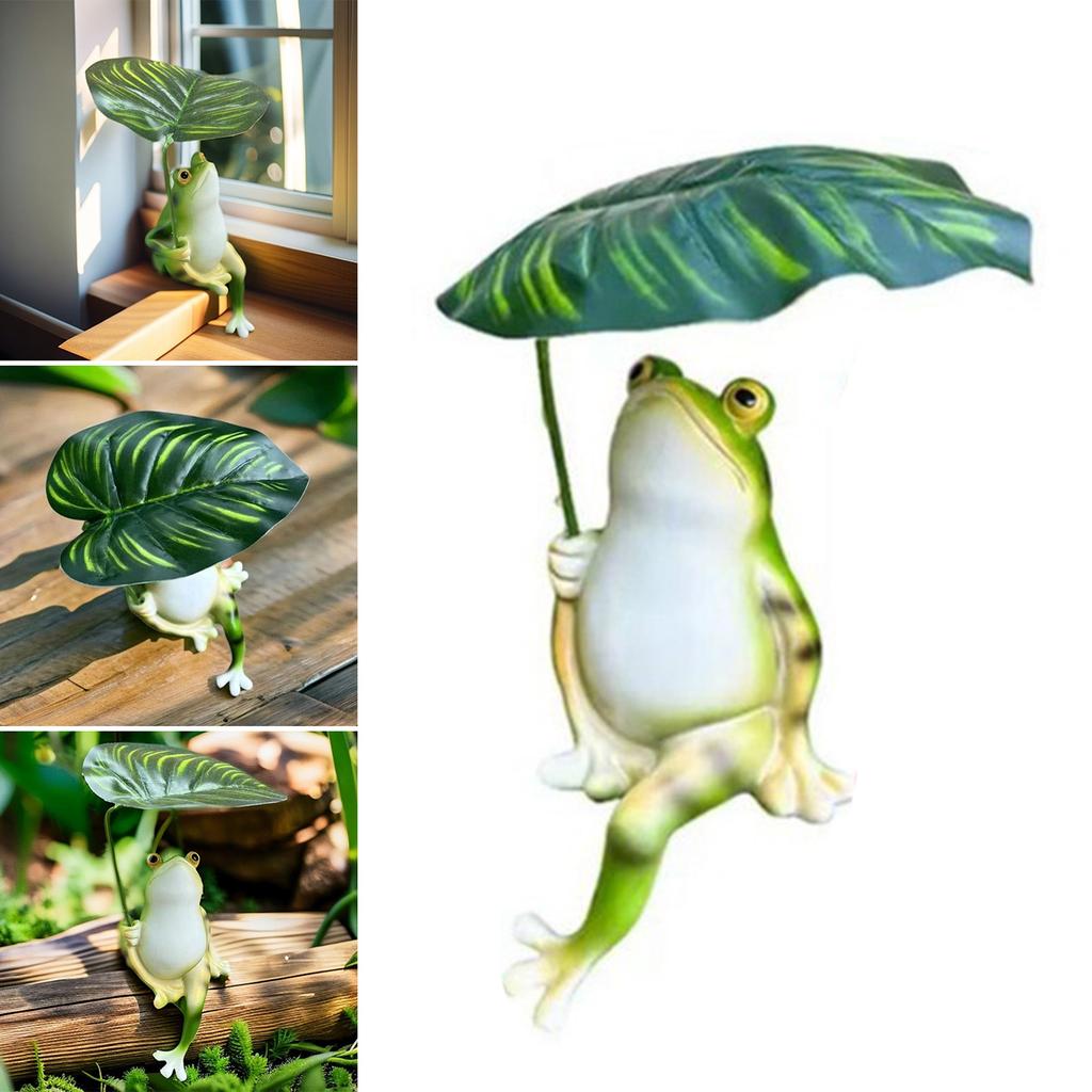Resins Frogs Sculpture Cute Frogs Holding Leaf Figurine for Garden Pond Fishtank Home Desk Decoration Gift Ornament