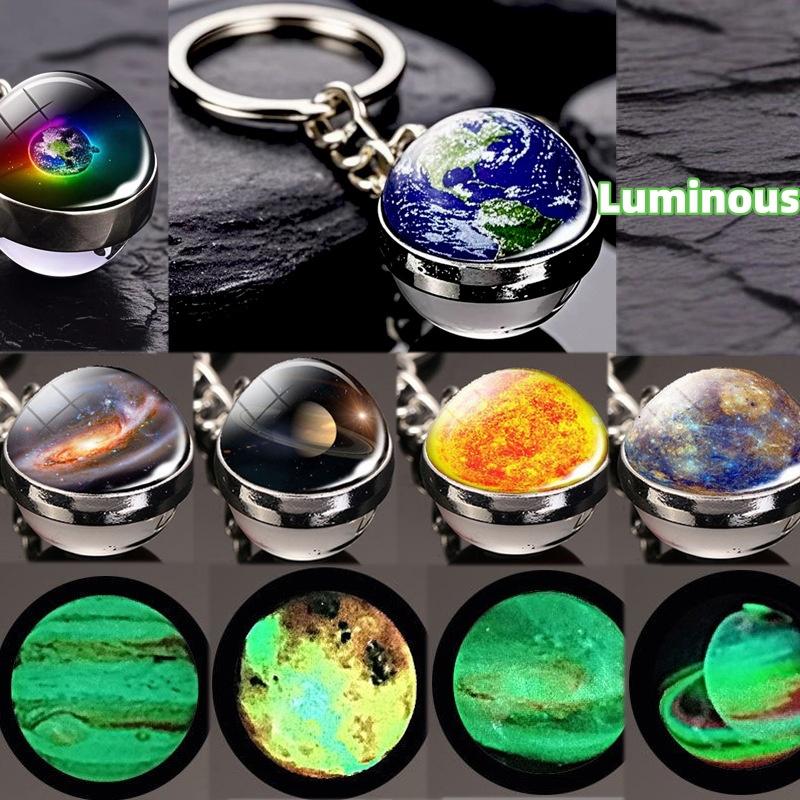 Luminous Sun Nine Planets Jupiter Milky Way Galaxy Keychain Pendant Round Double Sided Earth Keychain Bag Hanging Decor