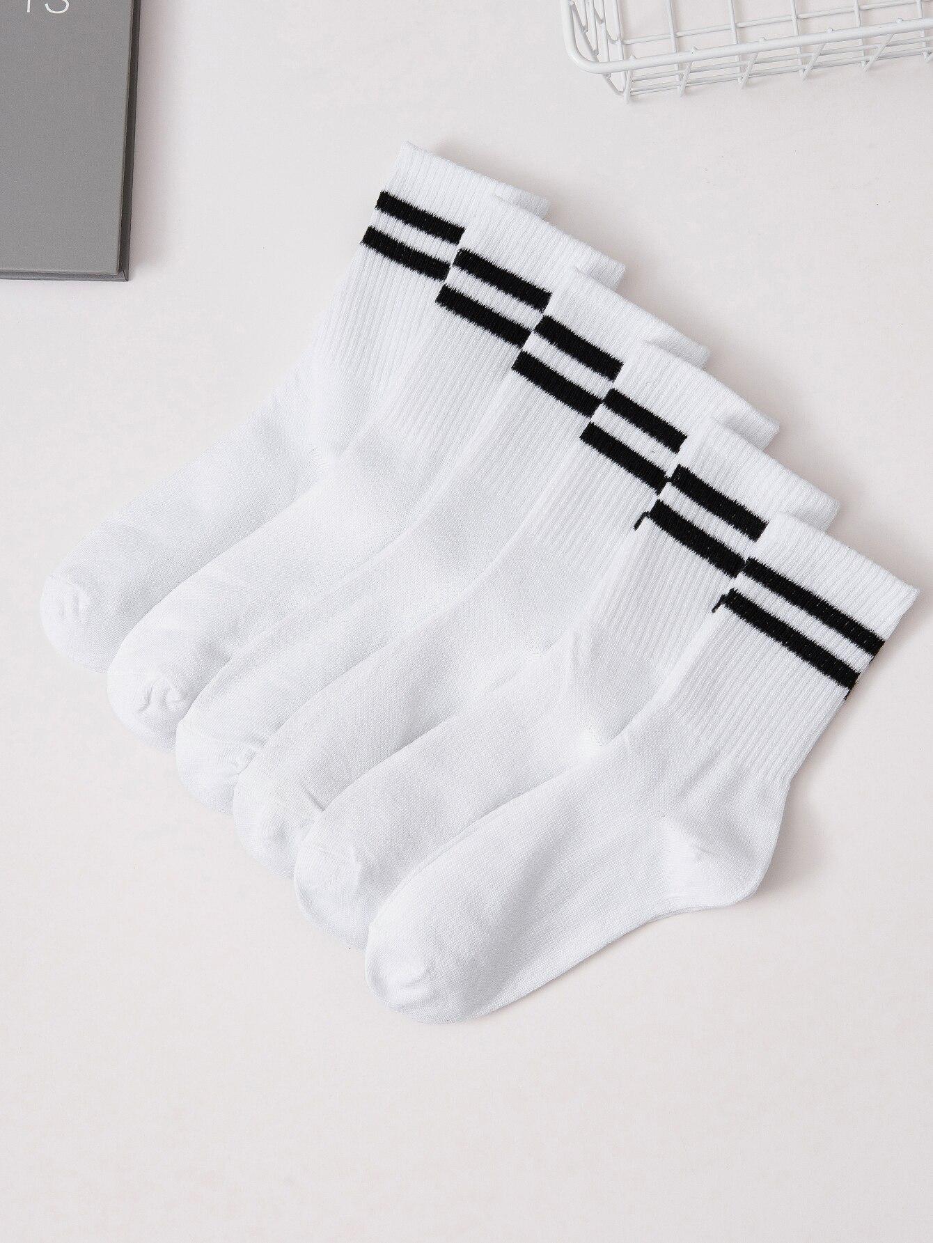 6/12 Paar Hohe Mittellange Socken Set Für Männer In Einfarbig Schwarz Und Weiß Mit Parallelstreifen Beliebt Und Schweißabsorbierend Single code white