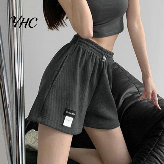 Loose Bottoms High-Waist Elastic Waistband Pockets Waffle Texture Women Shorts Fitness Wide Leg High Waist Sports Streetwear