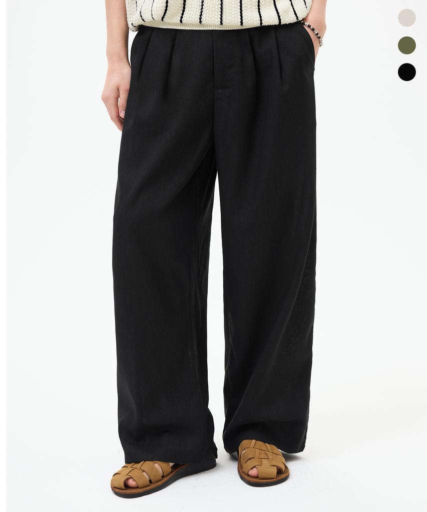 TRILLION Double-Pleat Tapered Linen Wide Elastic Waist Pants_3Color