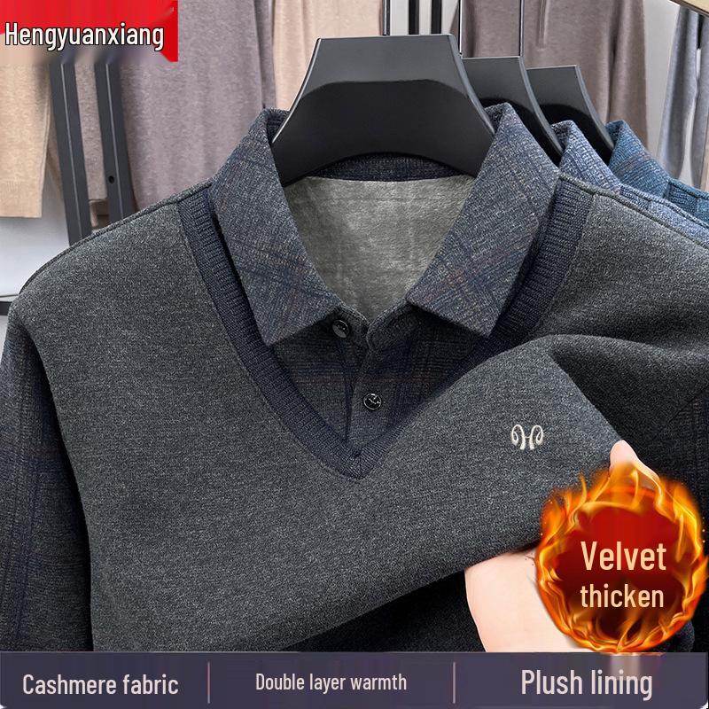 Hengyuanxiang Men's Pure Cashmere Two-Piece Look Thickened Winter Sweater