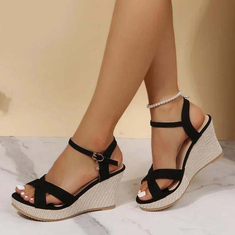 Black Beige Wedge Sandals for Women's 2024 New Platform Fish Mouth Cross Strap Fashion Shoes Female Summer Buckle Strap Sandal