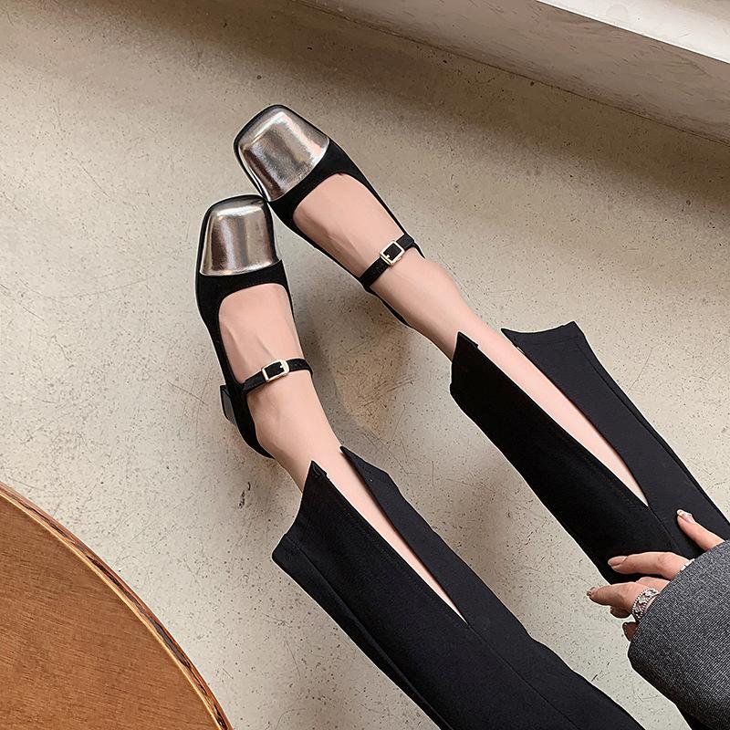 2025 Autumn and Winter New Light Mouth One-word Single Shoes Women's Thick Heel Color Matching Square Head Versatile French Retro Mary Jane Shoes