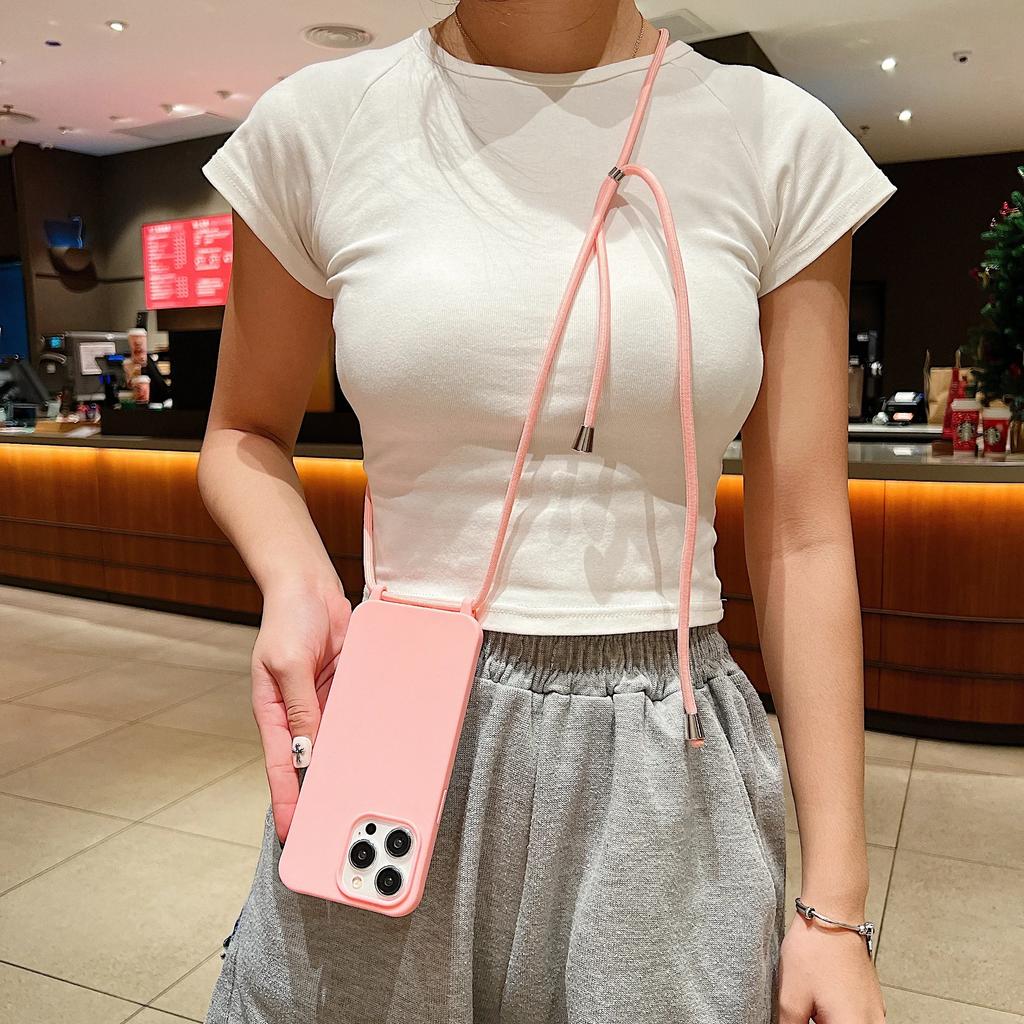 Matte Silicone Phone Case for IPhone 13 12 Mini 16 15 14 11 Plus Pro Max Crossbody Lanyard Necklace Strap Candy Color Soft Cover