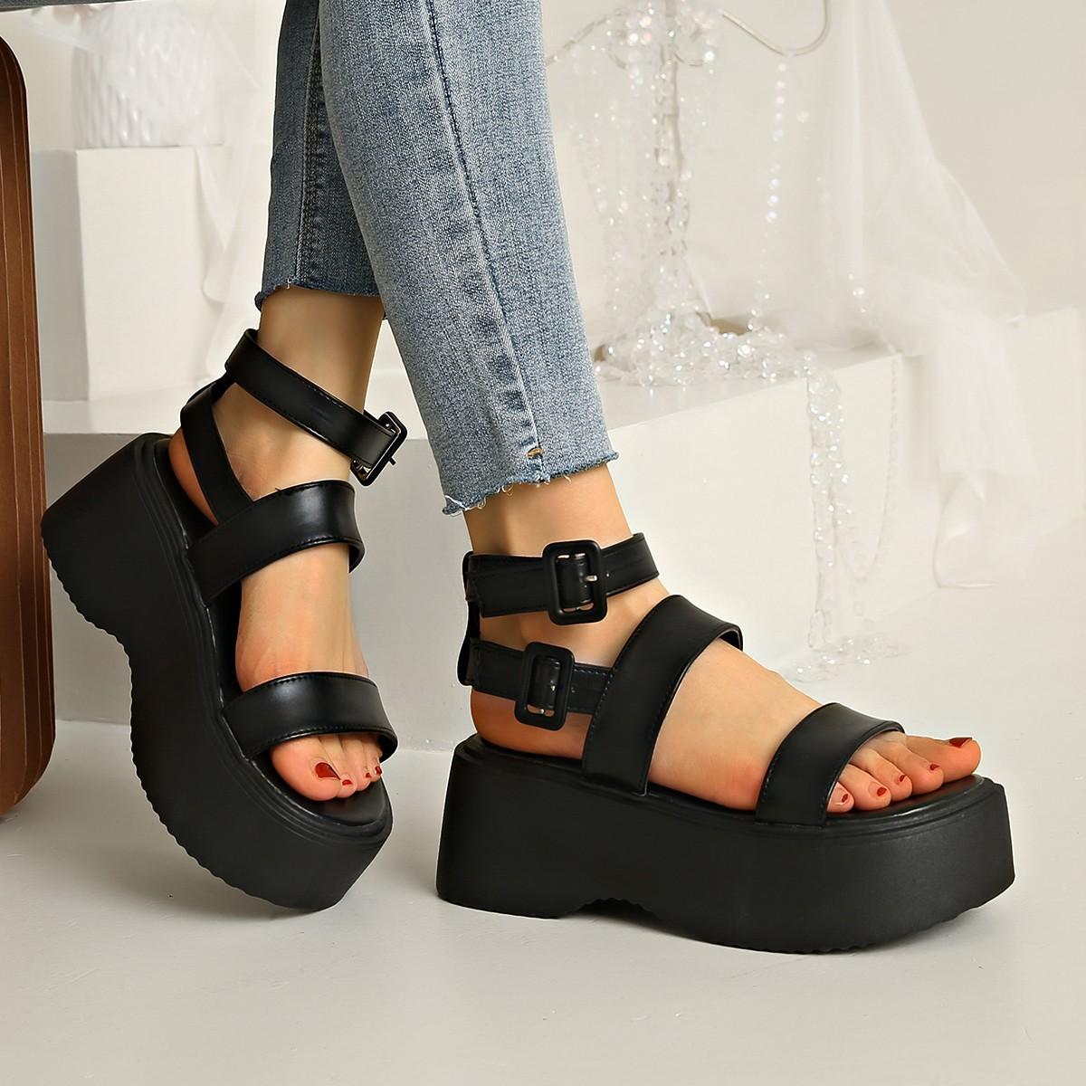 

Женские черные сандалии на платформе, летние 2025, новые сандалии на подошве-маффине, повседневные универсальные римские сандалии 41 чёрный