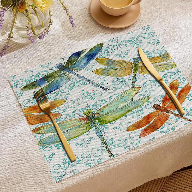 Animal Print Linen Placemat Rabbit Parrot Dragonfly Pattern Desktop Decorations Tableware Non-slip Heat Insulation Mat