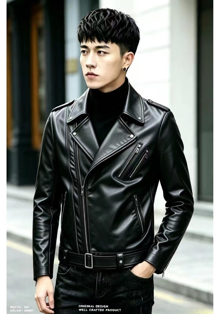 Autumn and winter men's clothing British large size stand-up collar large size PU leather jacket men's trendy solid color multi-zipper leather jacket