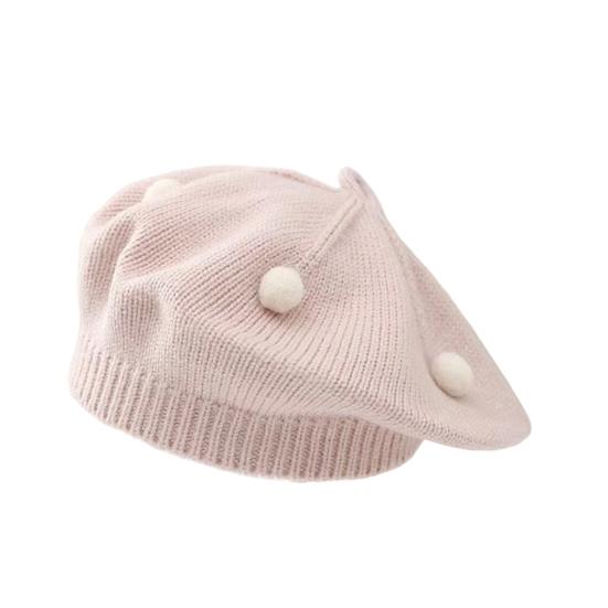 

French Style Beret Hat Plush Ball Decor Baby Beret Hat with Anti-Slip Design Elastic Fit Warm Knitting Hat Autumn Winter Headwear розовый