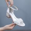 5cm Square Heel Sandals White Lace Flower Bridal Shoes Women