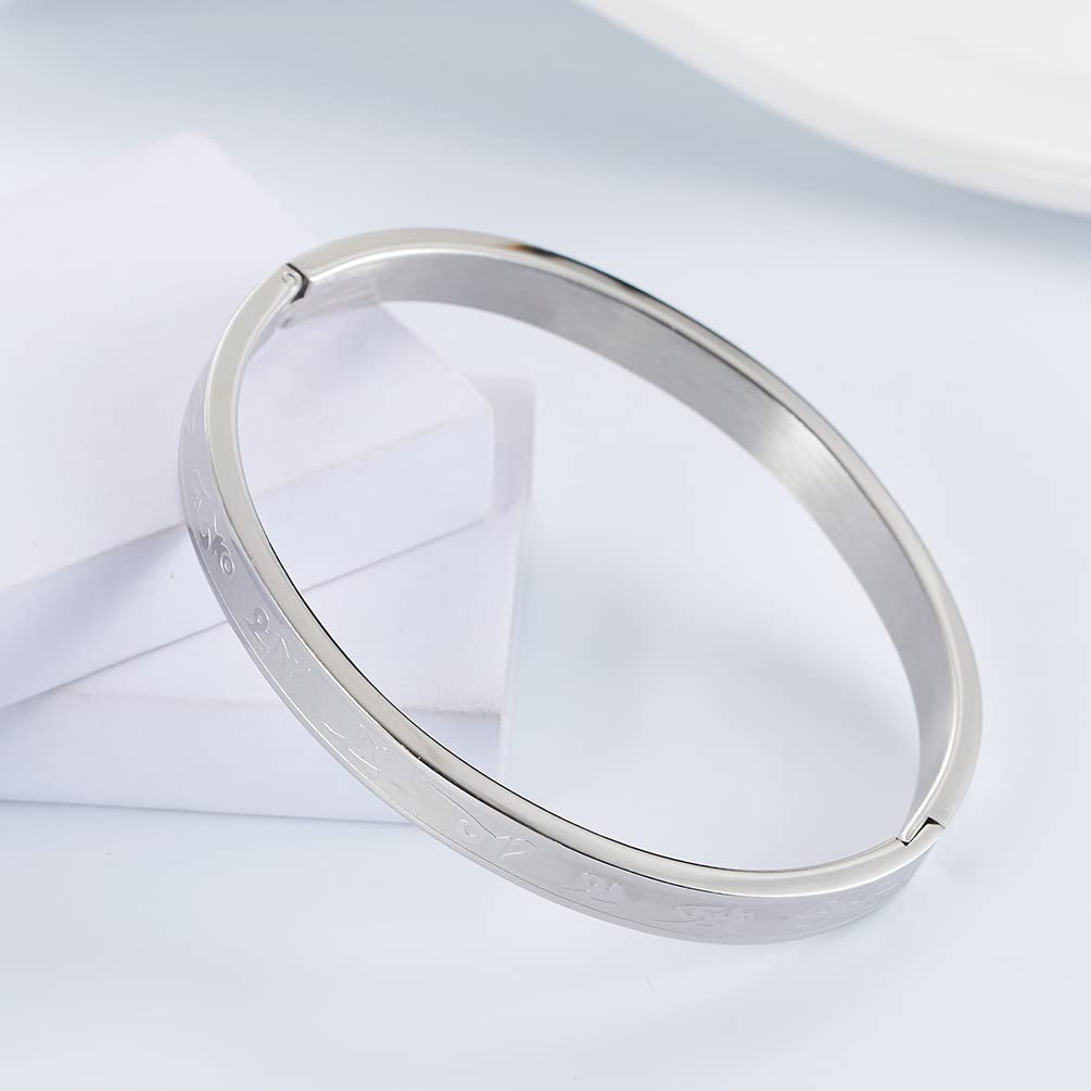 Rockyu Bangle for Heart Accessory Women, Silver, Simple, Engraved, Sutra, Bracelet, Titanium, Hypoallergenic, Stylish, Unisex,