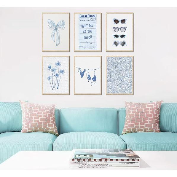 6Pcs Coast Bikini Preppy Canvas Wall Art Blue Shell Bow Coquette Picture Wall Decor Meet Me At The Beach Coastal Granddaughter Poster Print Artwork