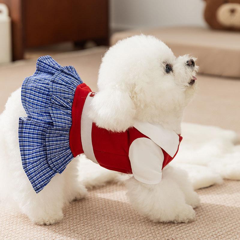 Dog Clothes Autumn Thin College Plaid Shirt Skirt Couple Clothing Small Dog Bigbear Teddy Pet Clothes