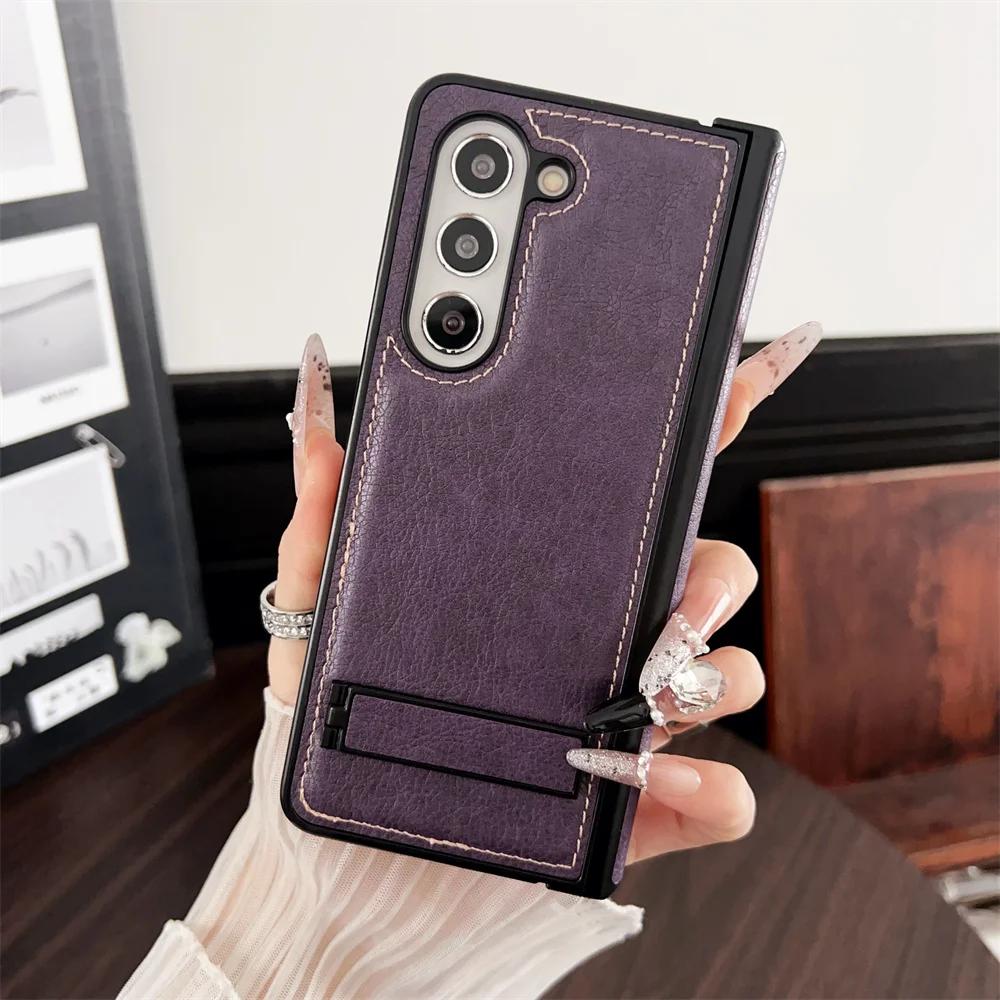 Shockproof Hinge Protective Bracket Phone Case for Samsung Galaxy Z Fold 6 5 4 3 Fold6 Fold5 Fold4 Fold3 5G PU Leather Cover