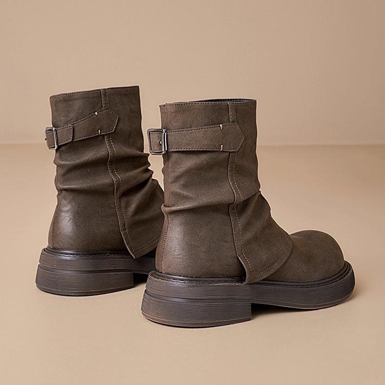 Brown Trouser Boots Women's 2025 Autumn and Winter New Retro Versatile Martin Boots Thick-soled Pleated Piled Boots Knight Short Boots