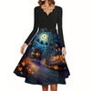 Women Casual Vintage V Neck Dress Halloween Print Long Sleeve Retro Fit and Flare Dress with Waist Tie for Everyday Wear