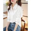Women's White Lapel Blouse Hollow Out Lace Detail Long Sleeve Button Loose Casual Office Shirt