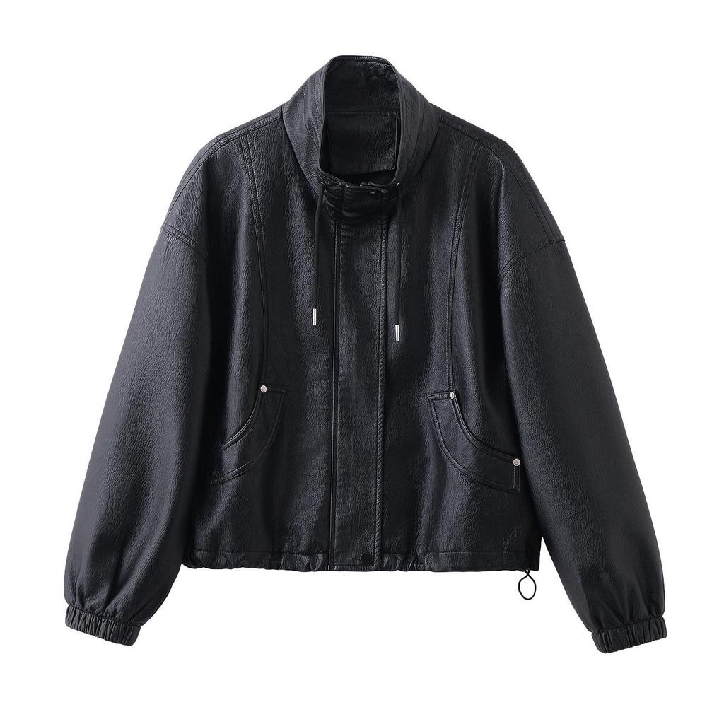 Women's Petite Leather Stand-Collar Jacket - Slimming, Stylish Motorcycle Style, Spring 2026 Fashion