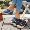 Keilabsatz Plateau Damen Sandalen Sommer Strohgeflecht Dicke Sohle Denim Hausschuhe Lässige Doppelschnallen Riemen Sandalen Damen