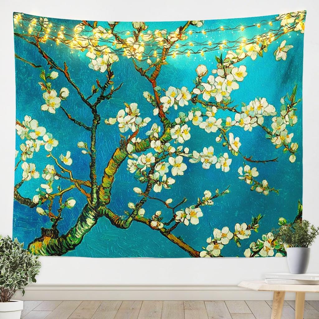 Japanese Crane Tapestry, Black Background with Red Sun, White Clouds and Sakura Print Wall Hanging for Bedroom,Living Room Decor