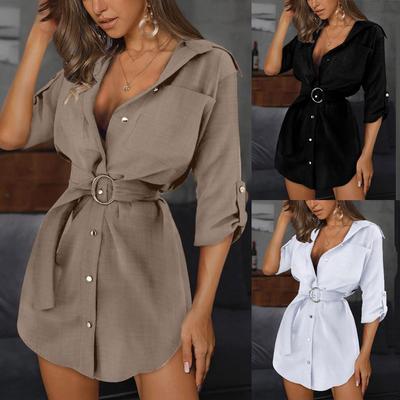 Women Autum Long Sleeve Mini Dress OL Belt Work Plain Shirt Blouse Tops