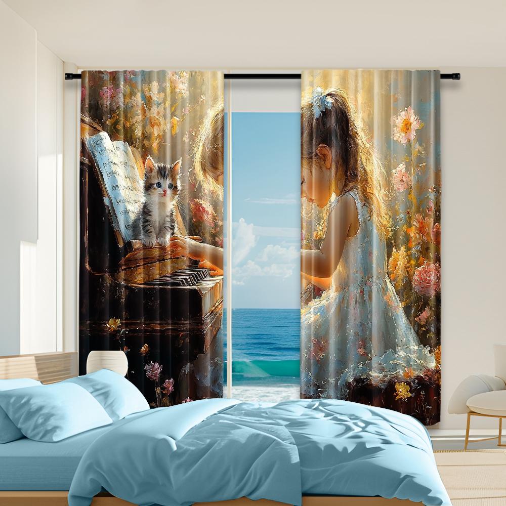 

Versatile Polyester Transparent Curtains Home Decoration Little Girl Playing Piano Kitten Use Bedrooms Curtain Set Of 2 Made Washable Bedroom Ready W100*H70(CM)-Hooks&2PCS