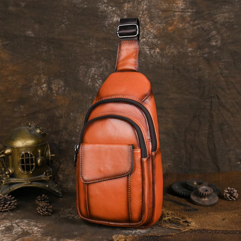 Leather Chest Bag, Men's Retro Backpack, Crossbody Bag, Top Layer Cowhide Casual Sports Shoulder Bag