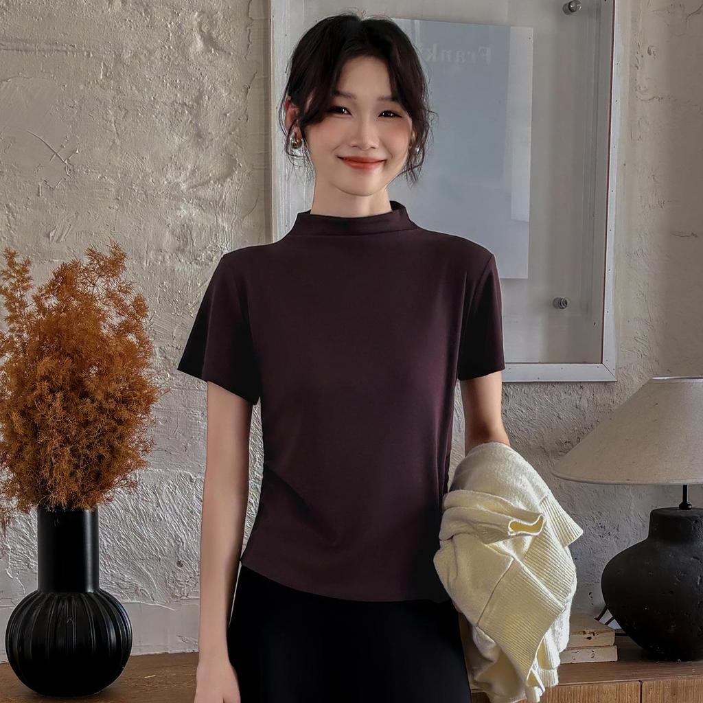 YB536# Women's Minimalist Half High Neck Slimming Solid Color Short Sleeve Shirt