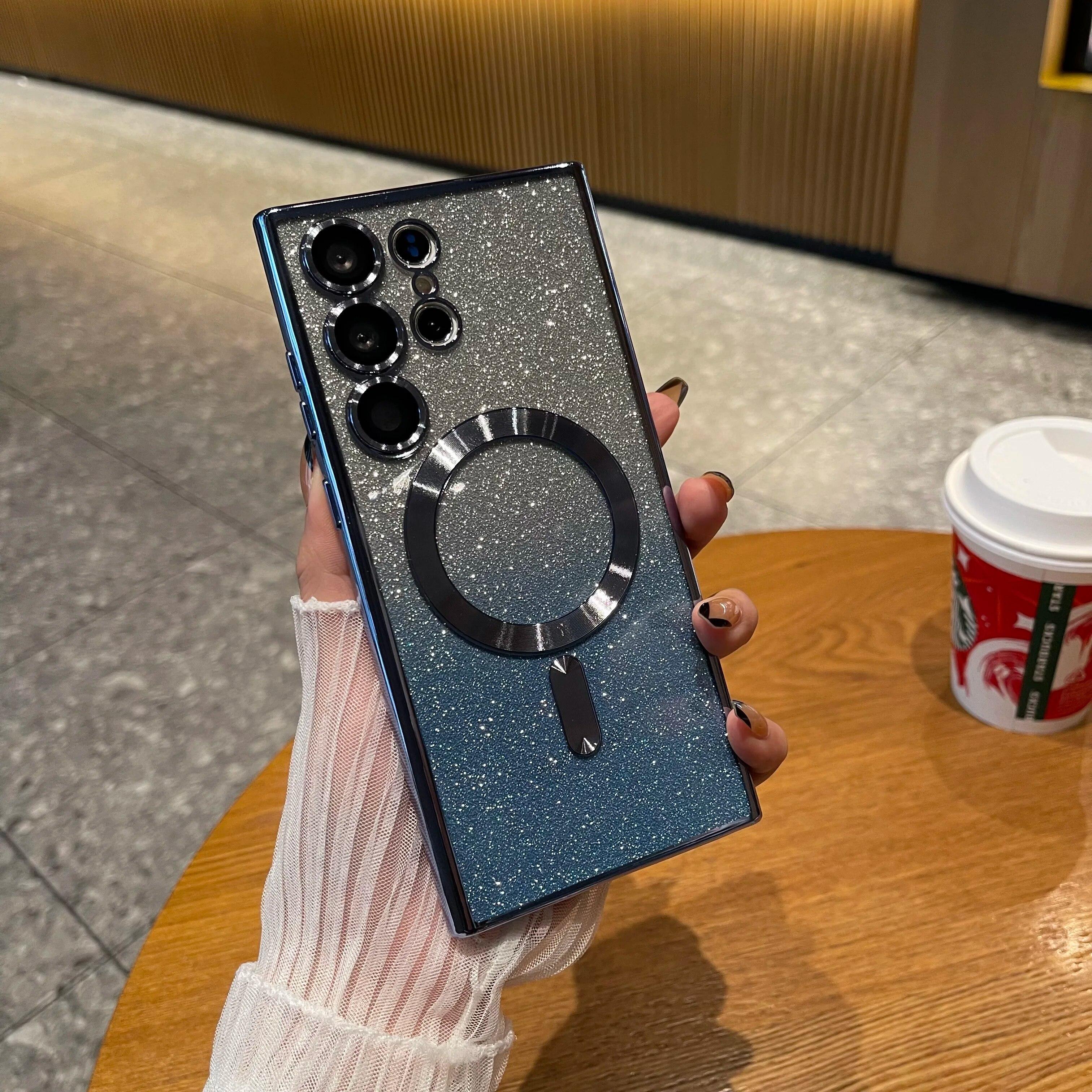 

Роскошный блестящий градиентный красочный магнитный чехол для телефона для Samsung S24 S23 S22 Ultra Plus FE, бампер Magsafe, беспроводной чехол For S24 Ultra синий