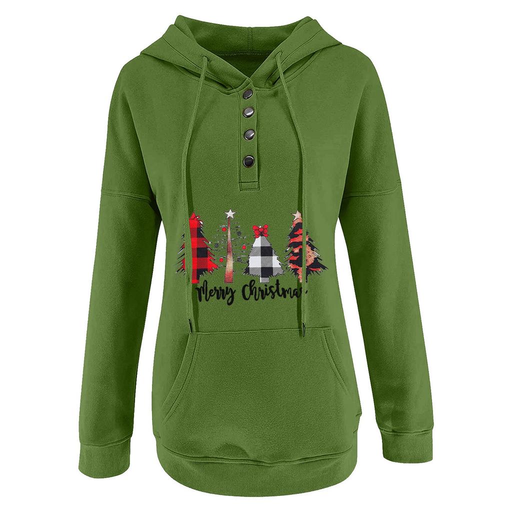 Women  Winter Casual Christmas Fashion Print Hooded Button Sweatshirt