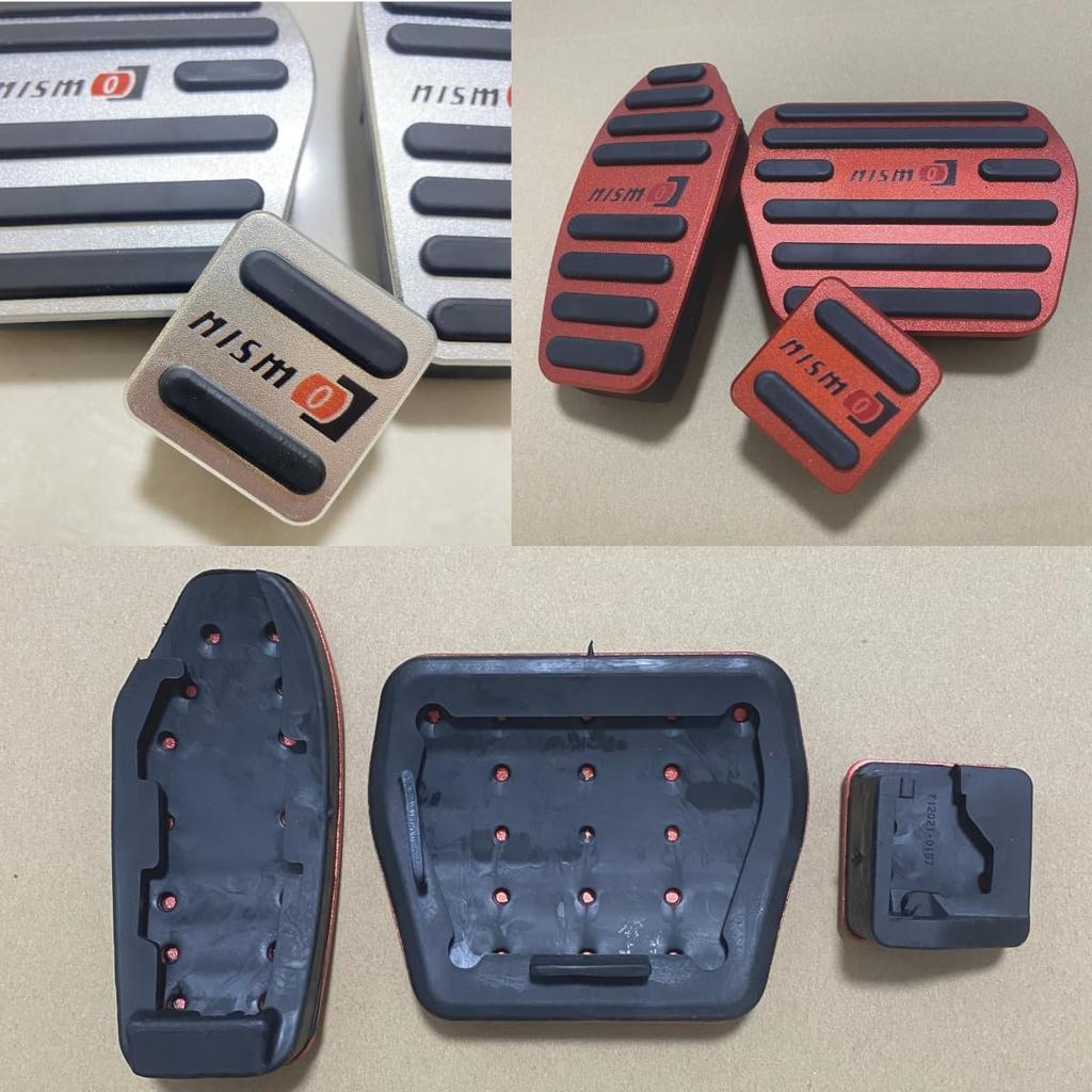 Hliníková sada pedálů automatické převodovky Nissan NISMO a stříbrné kryty, 3dílná (Brzda, Plyn, Ruční brzda), Design se zacvakáváním,