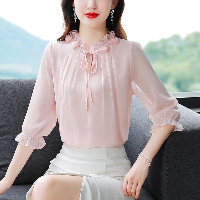 

Новая весенняя универсальная шифоновая рубашка с лепестковым воротником, модный топ со средними рукавами для женщин, замедляющий старение M розовый