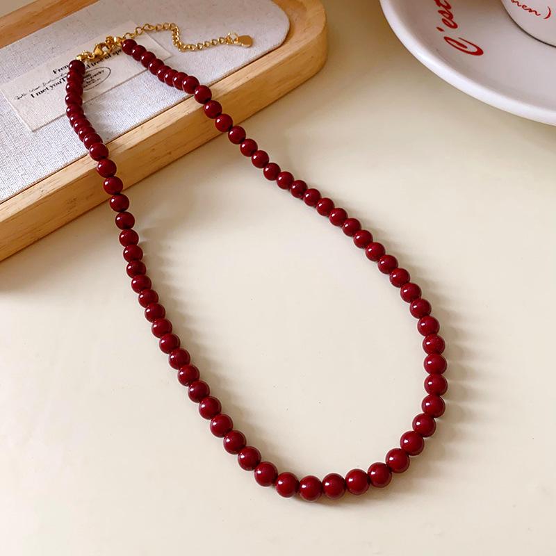 Rött Rund Glaspärla Halsband Retro Nyckelbenskedja Accessoarer för Kvinnor