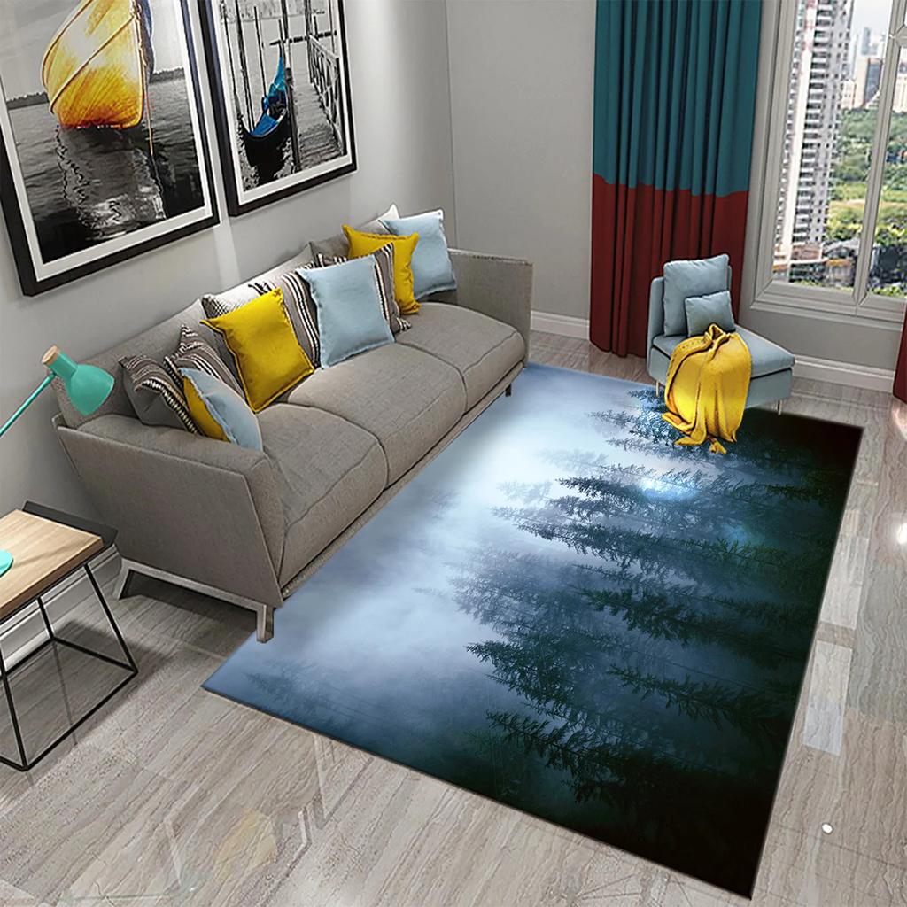 3D Foggy Forest Carpet White Smoke Fog Clouds Rugs Bathroom Kitchen Non-Slip Doormat Area Rug Living Room Bedroom Decor Rugs